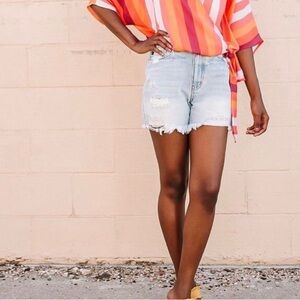 Kancan high rise distressed rainbow light wash shorts small